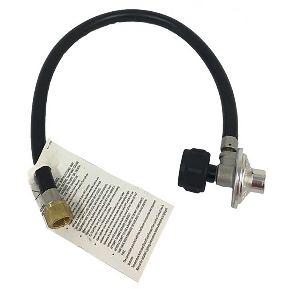 Propane regulator and hose assembly with metal fitting and black control cap