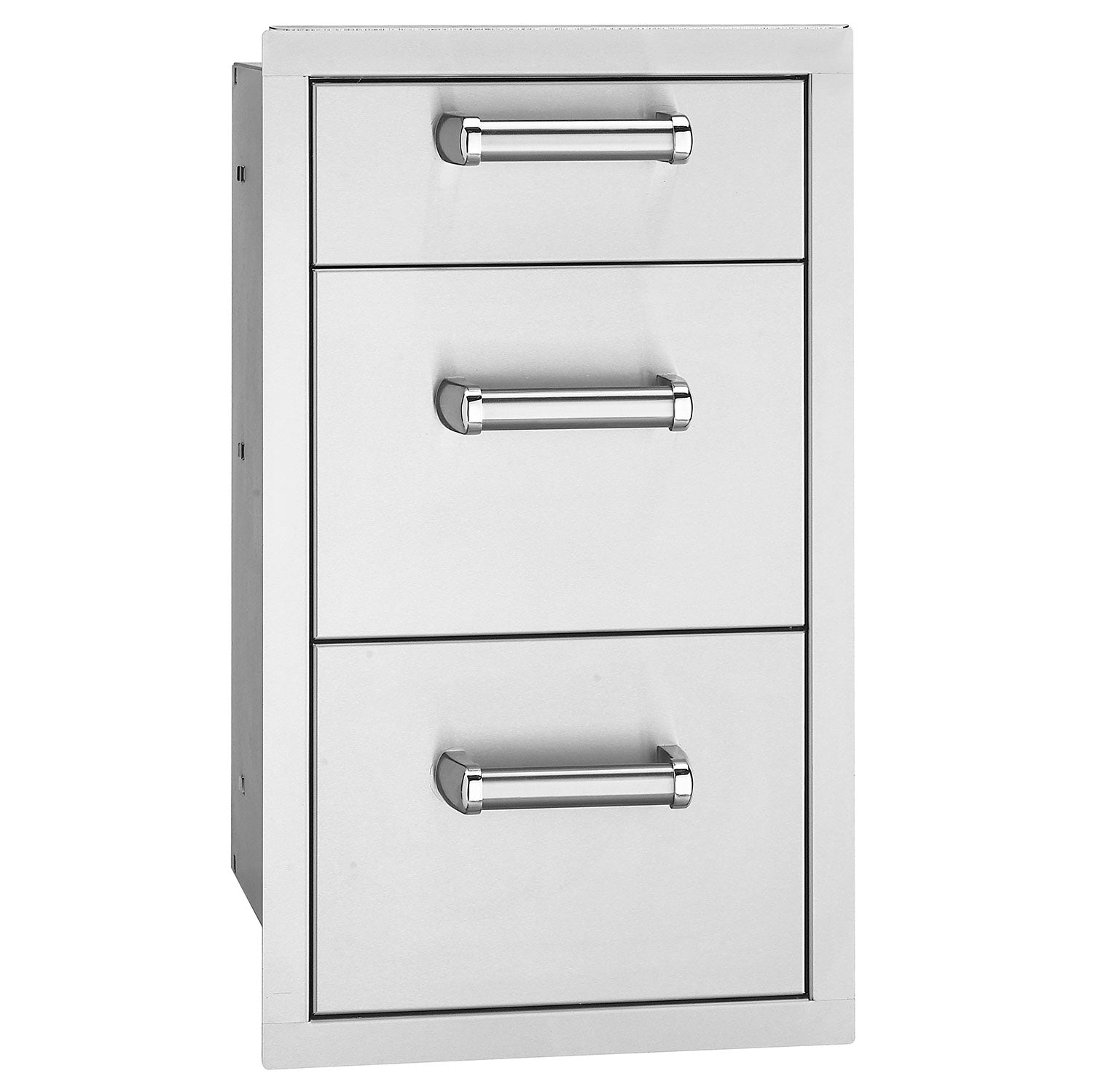 Fire Magic triple drawer cabinet with three flush metal handles