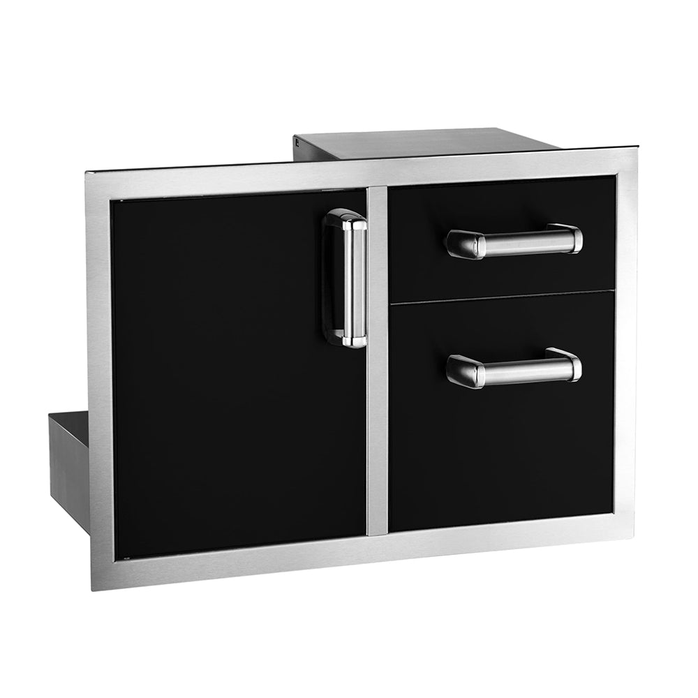 Black door and drawer cabinet with two metal pull handles and silver frame