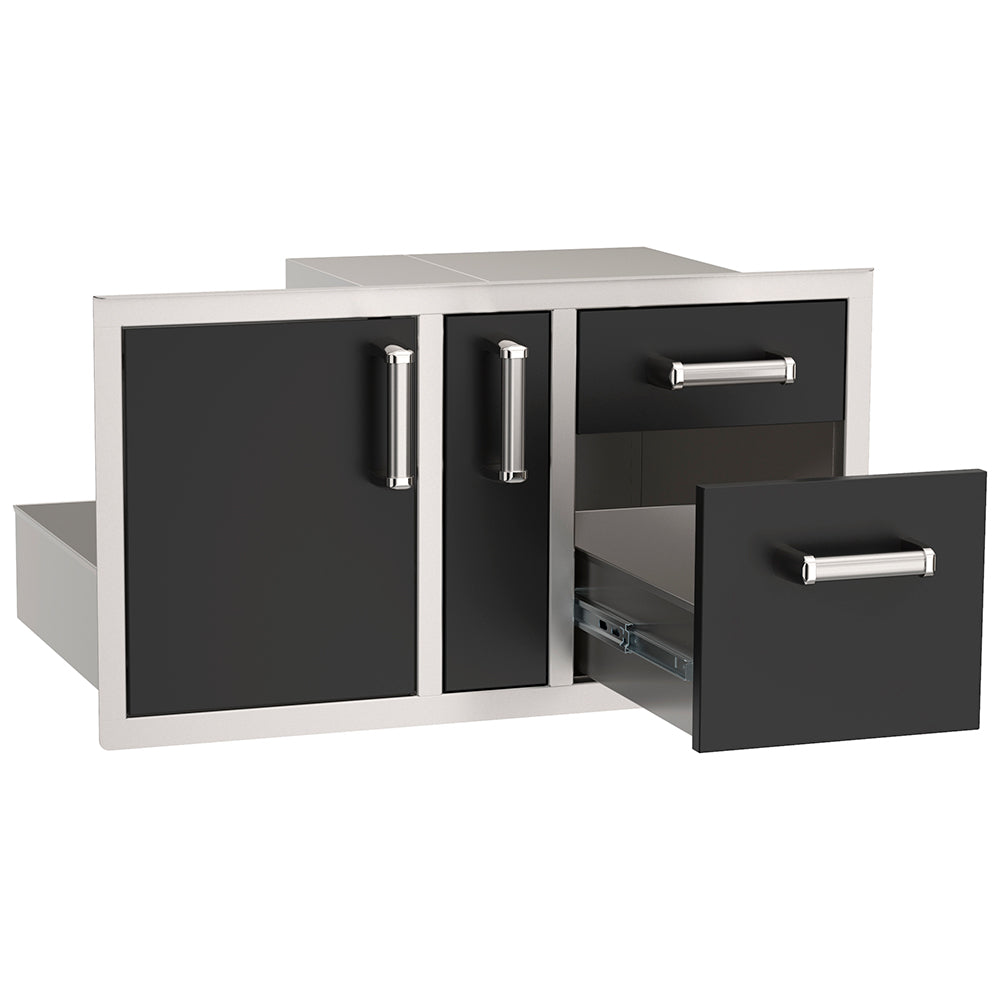 Black storage cabinet with door and open drawer, two silver bar handles