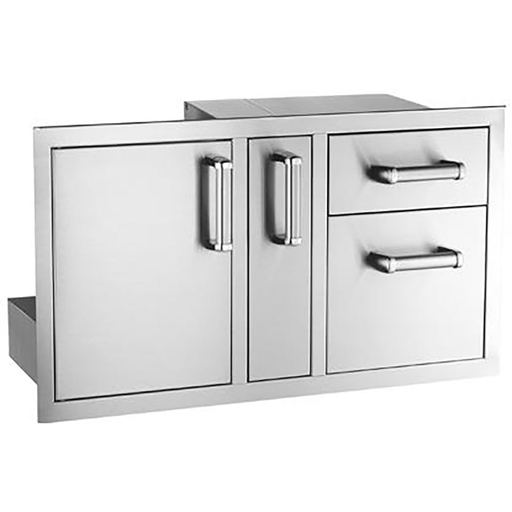 Fire Magic flush access door cabinet with two drawers, stainless-style doors and handles