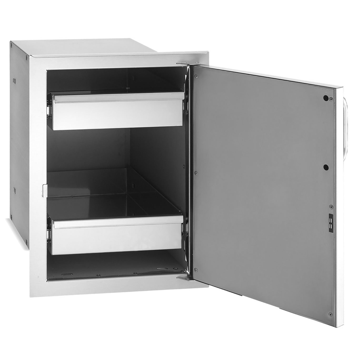 Fire Magic single-door storage cabinet with dual drawers open, stainless interior