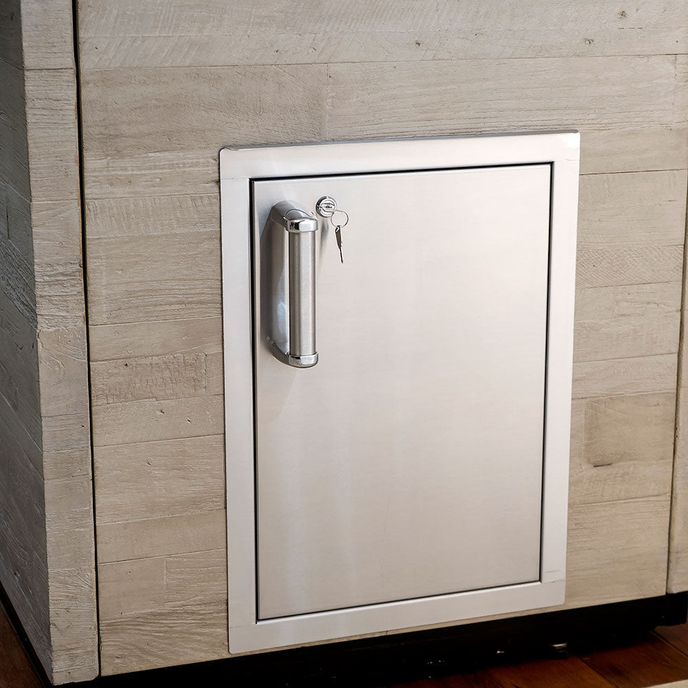 Flush single access door with chrome locking handle mounted on cabinet face