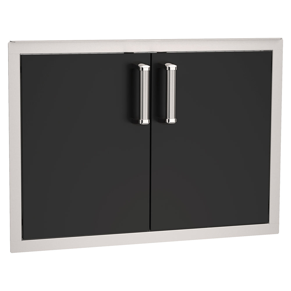 Black double access door with two chrome handle pulls, rectangular frame
