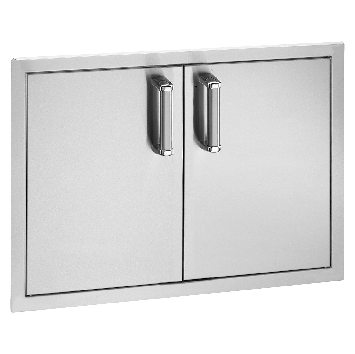 Outdoor double-door storage cabinet with flush doors and two silver latch handles