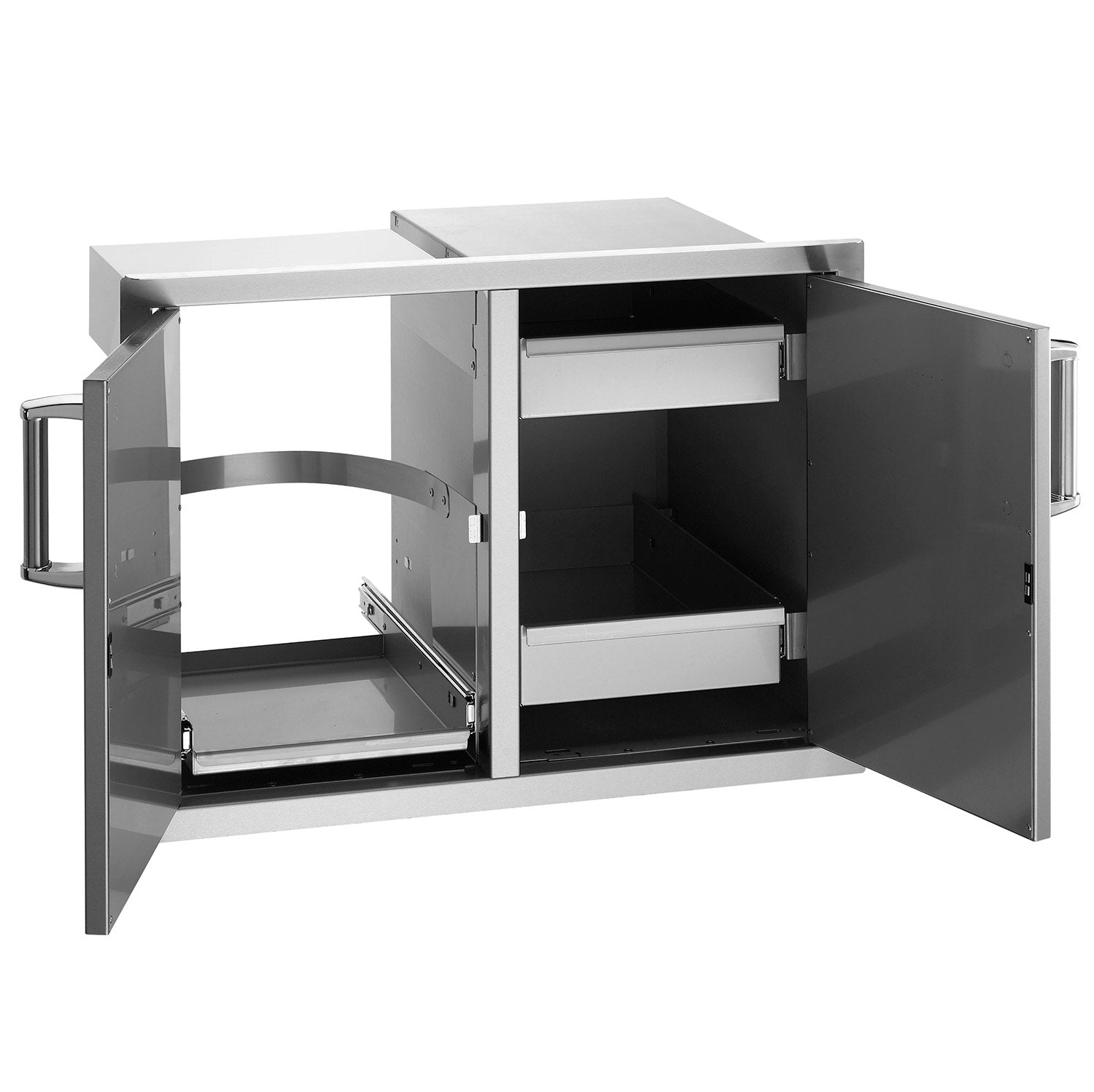 Outdoor double-door cabinet with open drawers and side trash tray, brushed metal interior