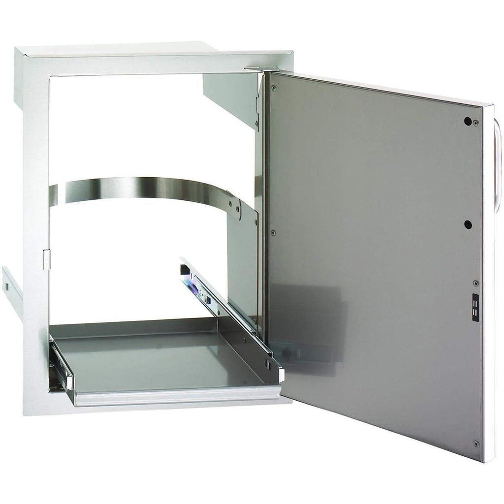 Stainless steel access door open, showing interior tray and mounting panel
