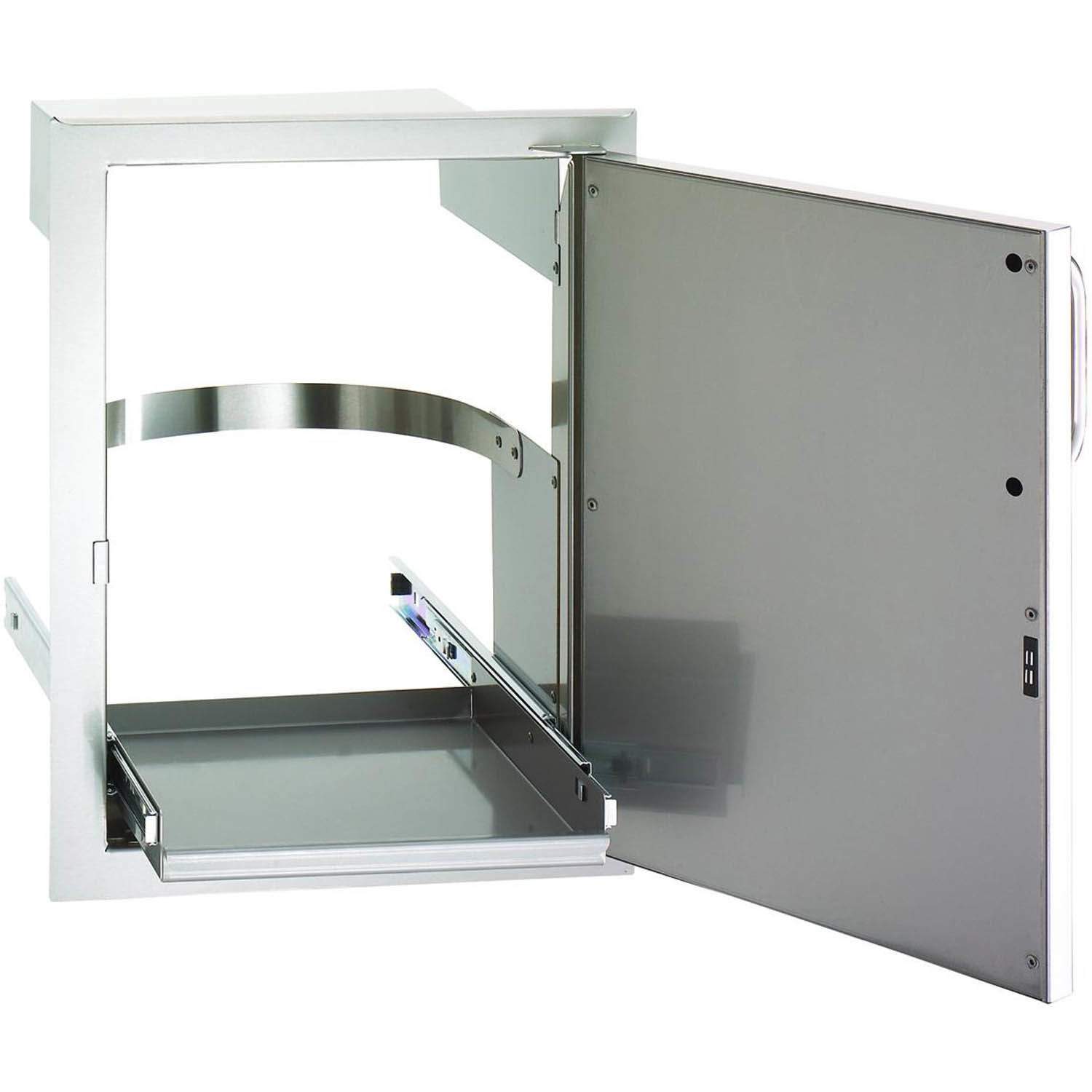 Stainless steel access door open, showing interior tray and mounting panel