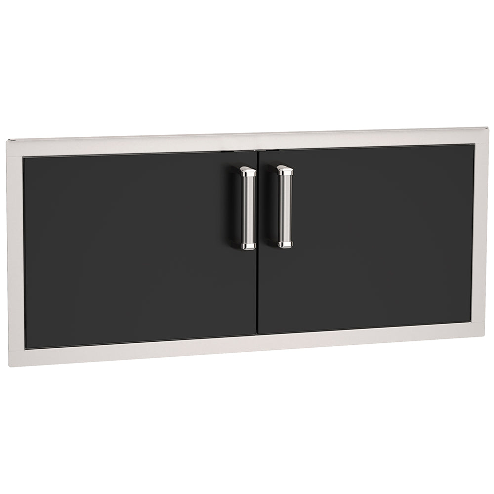 Black double access door with two vertical metal handles, rectangular frame