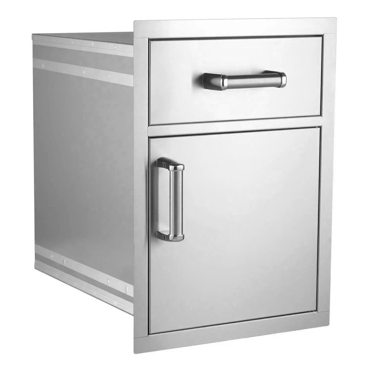 Stainless steel flush pantry door and drawer combo with two bar handles, front view