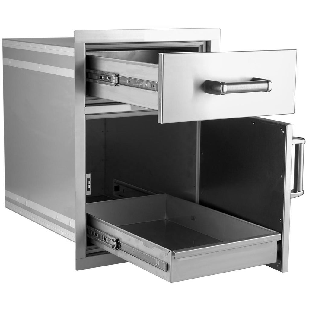 Stainless steel flush pantry door and drawer combo with open interior and bar handles