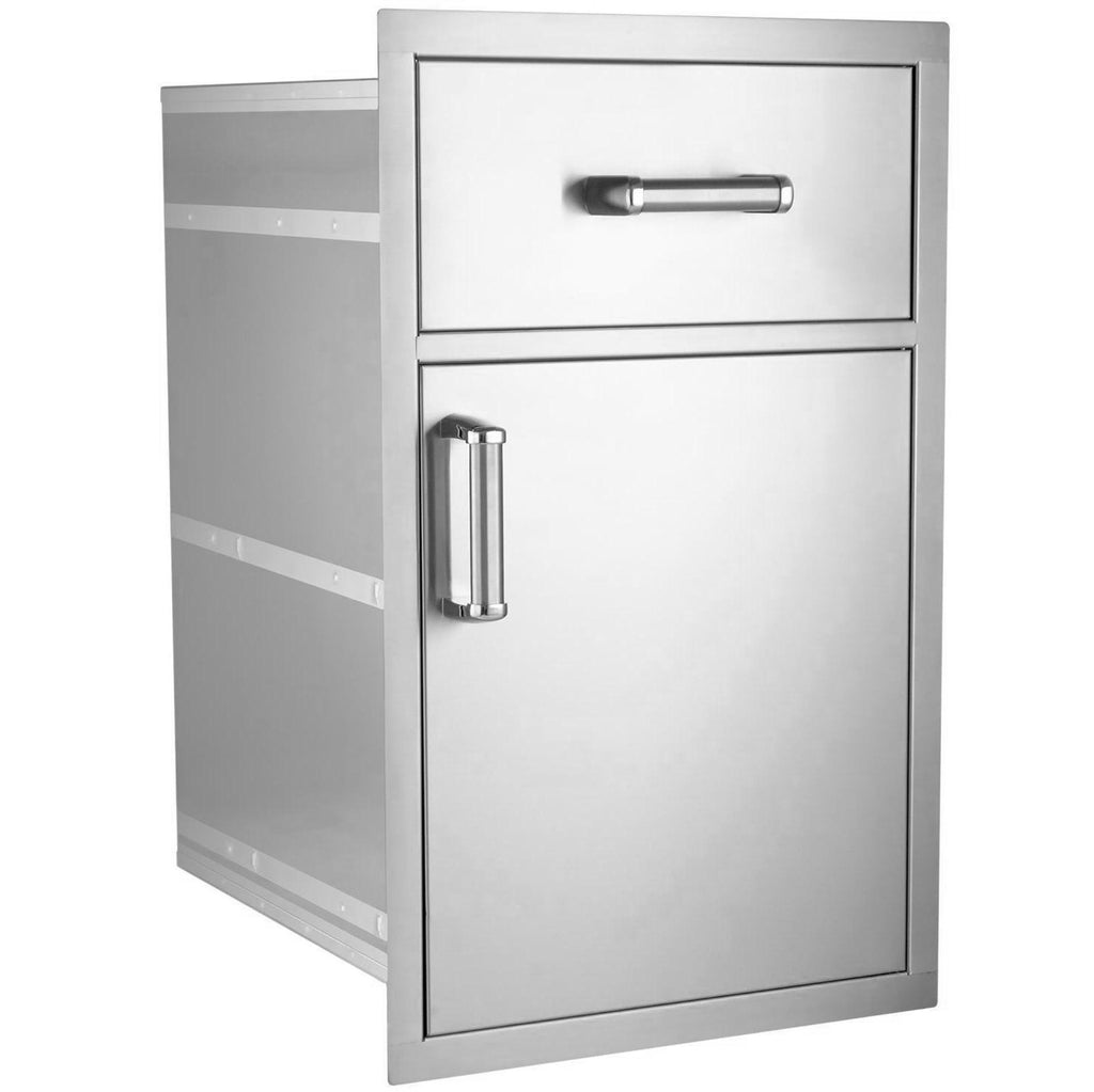 Stainless pantry door and drawer combo with top drawer and side door handle