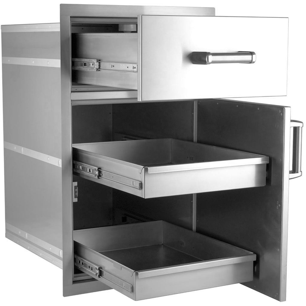 Open stainless pantry cabinet with drawers, shelves, and interior compartments
