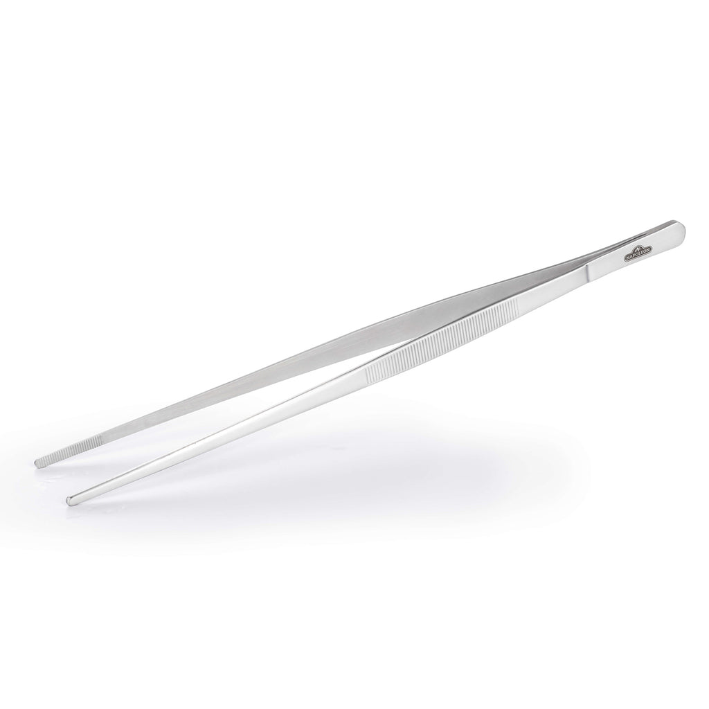 Stainless steel grilling pincer tongs with long angled tips