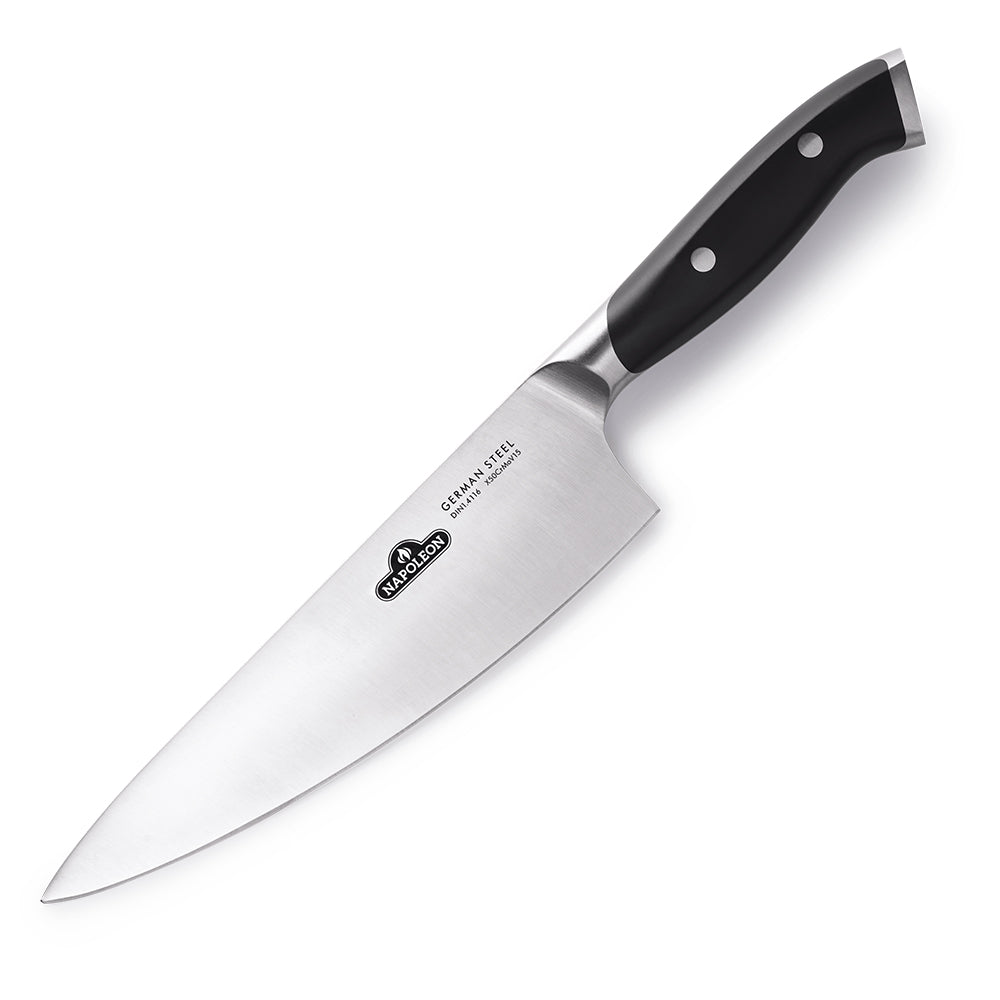 Napoleon chef's knife with black handle and stainless steel blade