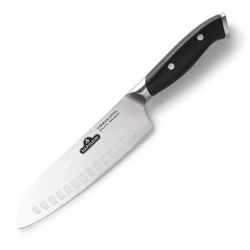 Santoku kitchen knife with black handle and stainless-steel blade