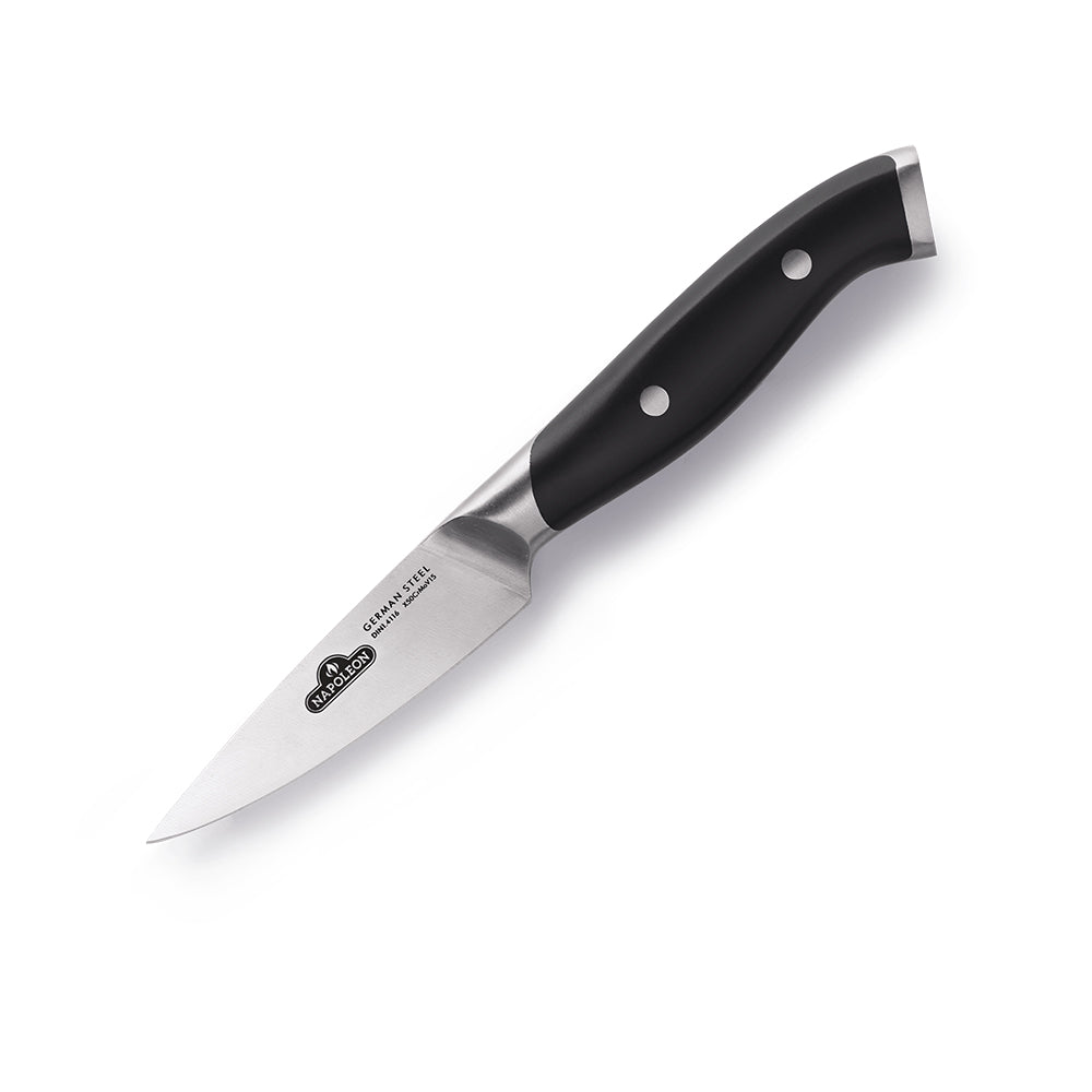 Paring knife with black handle and stainless blade, pointed tip