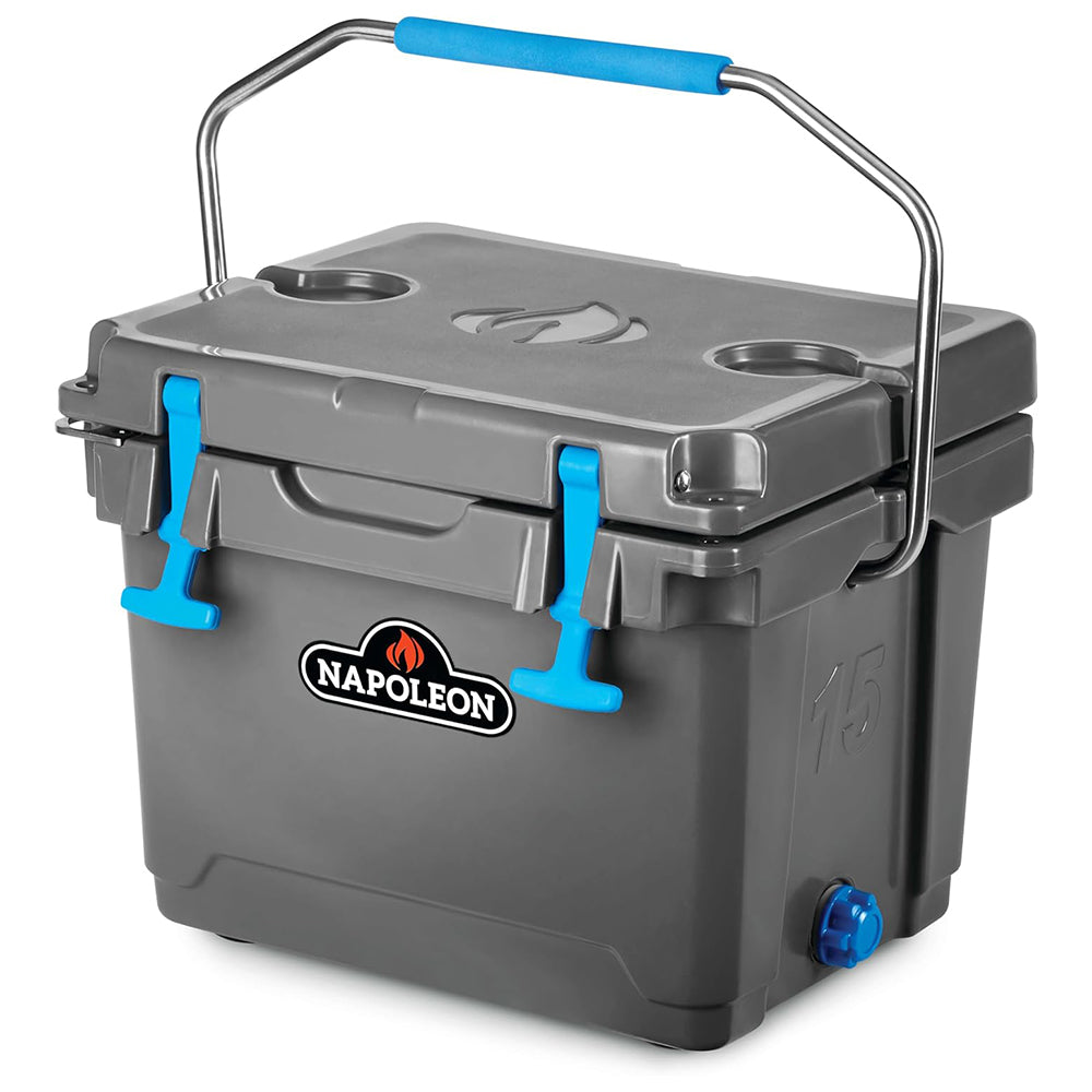 Napoleon cooler chest with top bottle holders and blue carry handle, gray lid