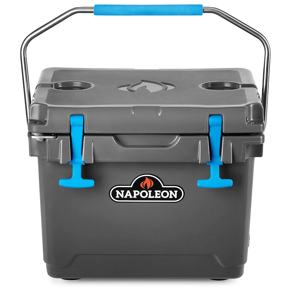 Cooler chest with blue side latches and metal handle, front view, gray body