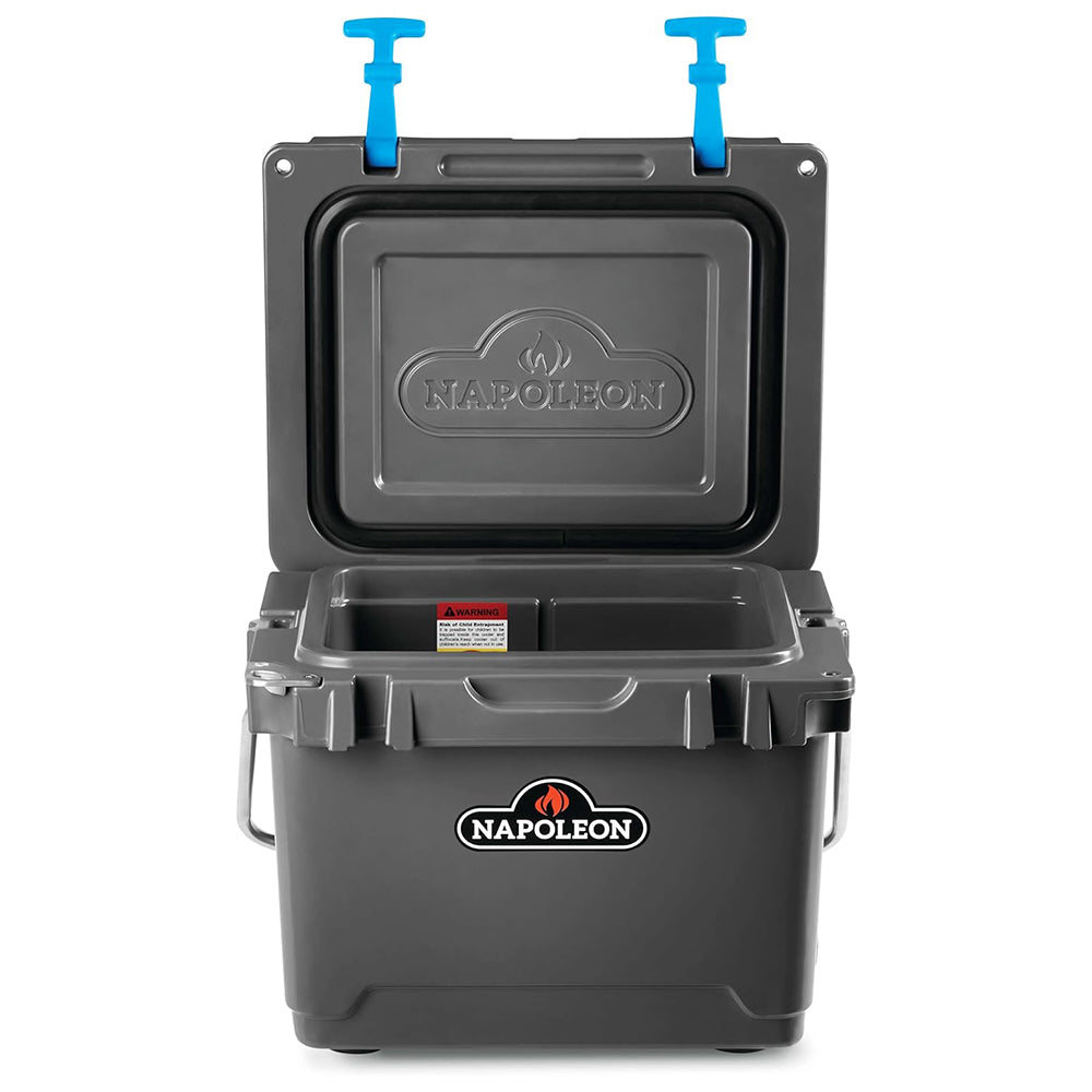 Cooler chest lid open with Napoleon logo plate, gray interior tray