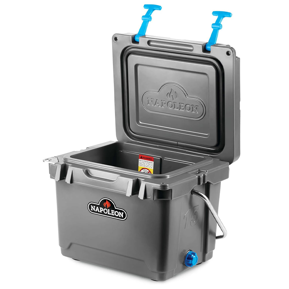 Cooler chest open showing bottle opener arm and ice-filled tray, gray body