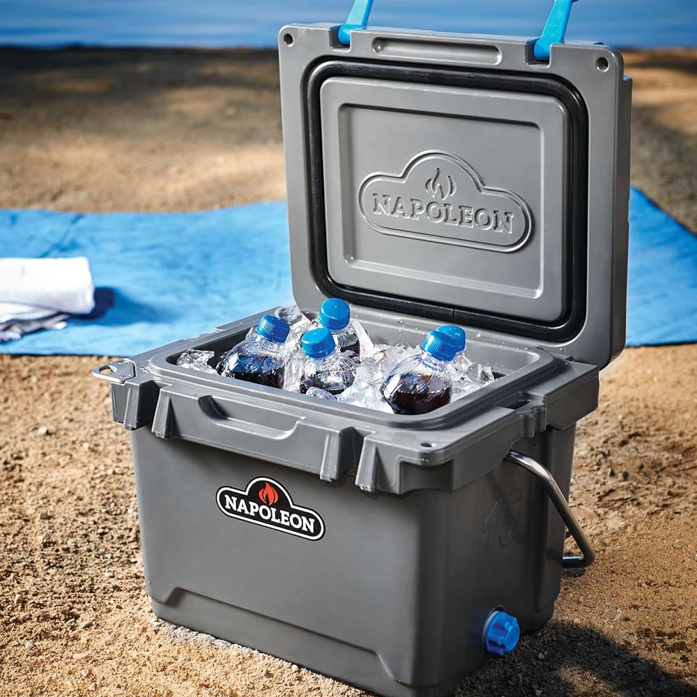Napoleon 15 L cooler chest open with ice and blue-capped bottles on tray