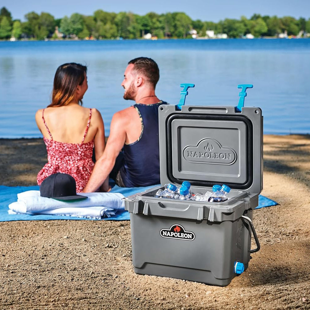 Cooler chest open with ice and blue-capped bottles, gray body and blue accents
