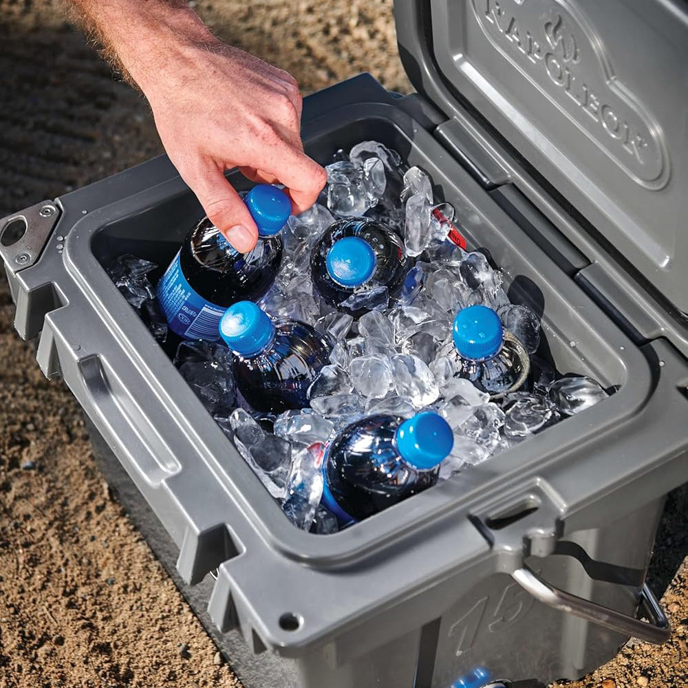 Cooler chest interior with ice and blue-capped bottles, gray tray and lid