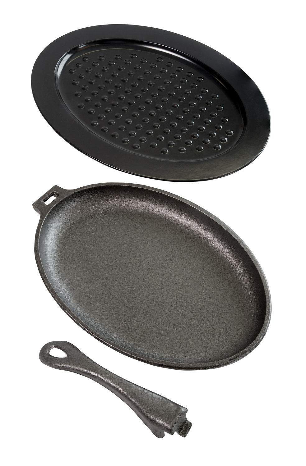 Cast iron skillet with side handle plus black lid with perforated surface