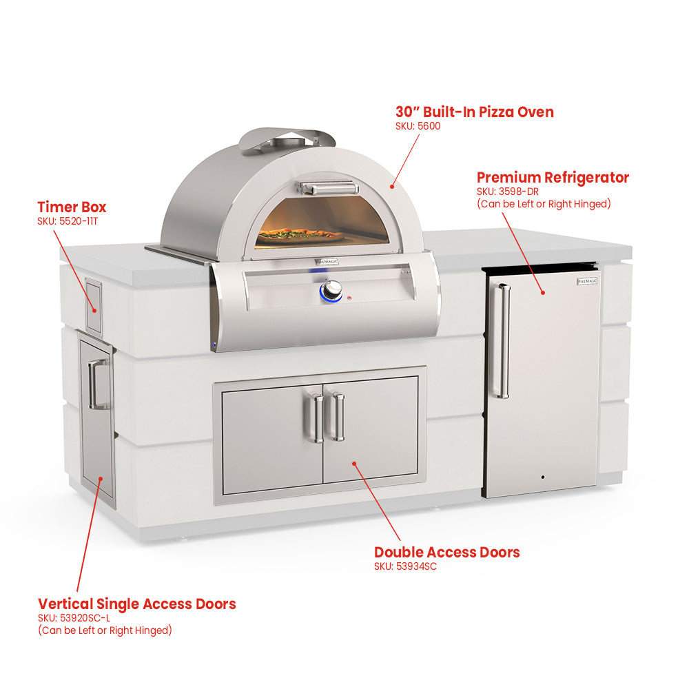 Outdoor kitchen island with pizza oven, refrigerator, and side storage doors
