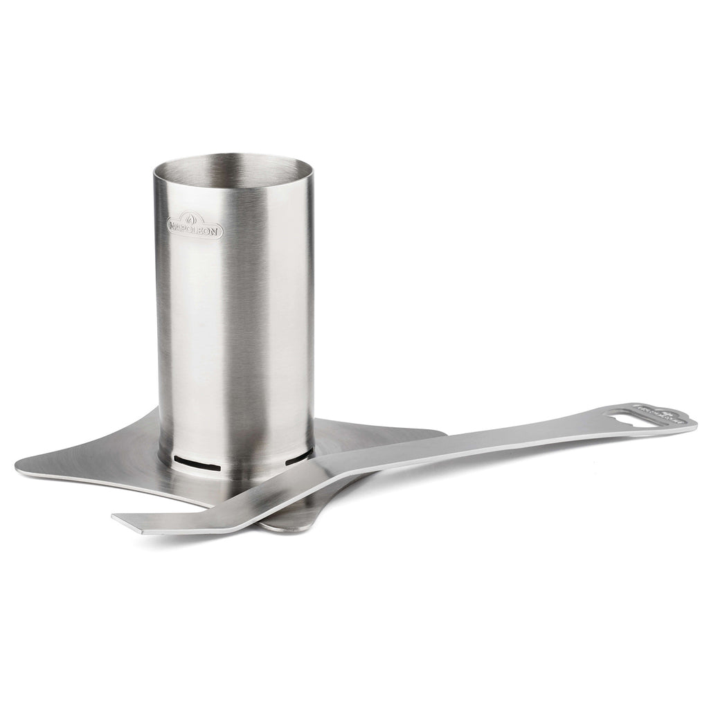 Stainless steel chicken roaster with wide base and side handle