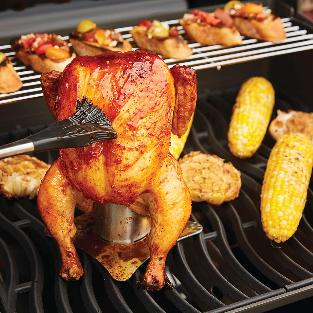 Roasted whole chicken on a metal stand over a grill