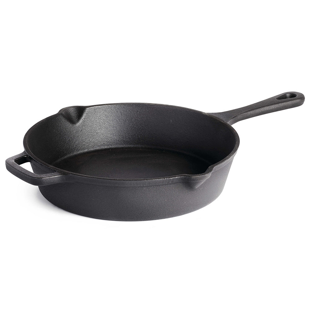 Black cast iron frying pan with short handle and side loop handles
