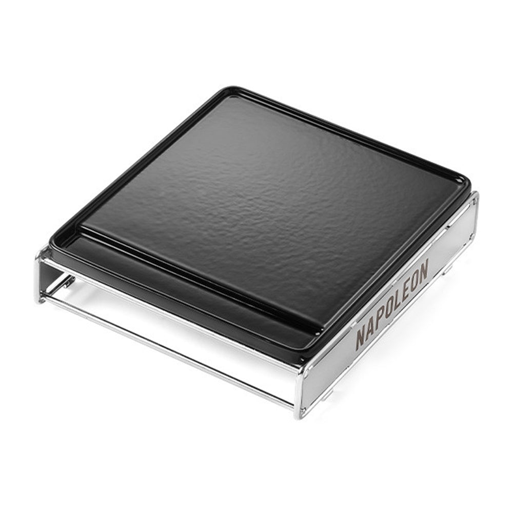 Napoleon cast iron griddle, black cooking plate with chrome base, open cover