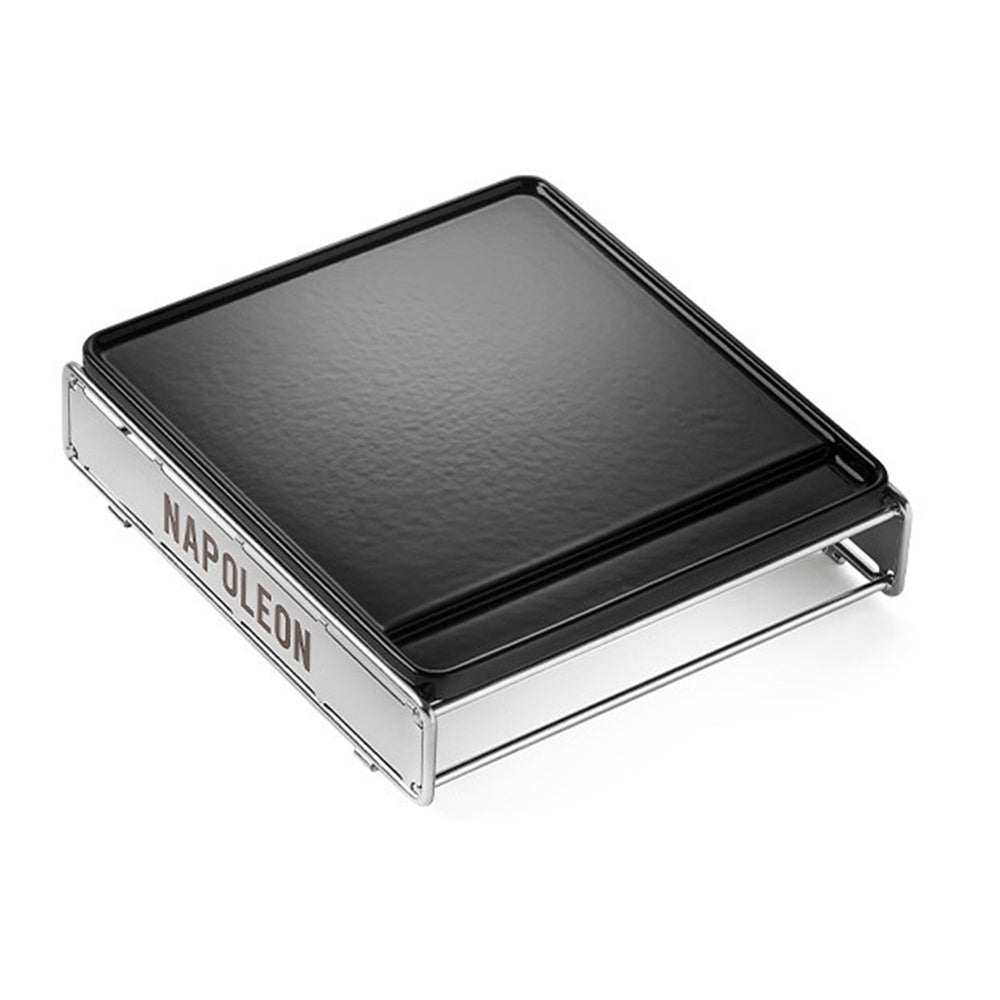 Napoleon cast iron griddle, black plate on chrome stand, side view