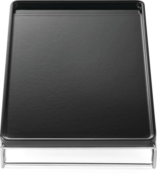 Cast iron griddle with square black cooking surface and metal rim