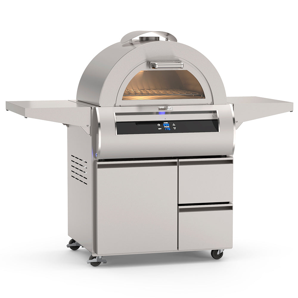 Freestanding pizza oven with curved glass door and stainless steel body, on wheels