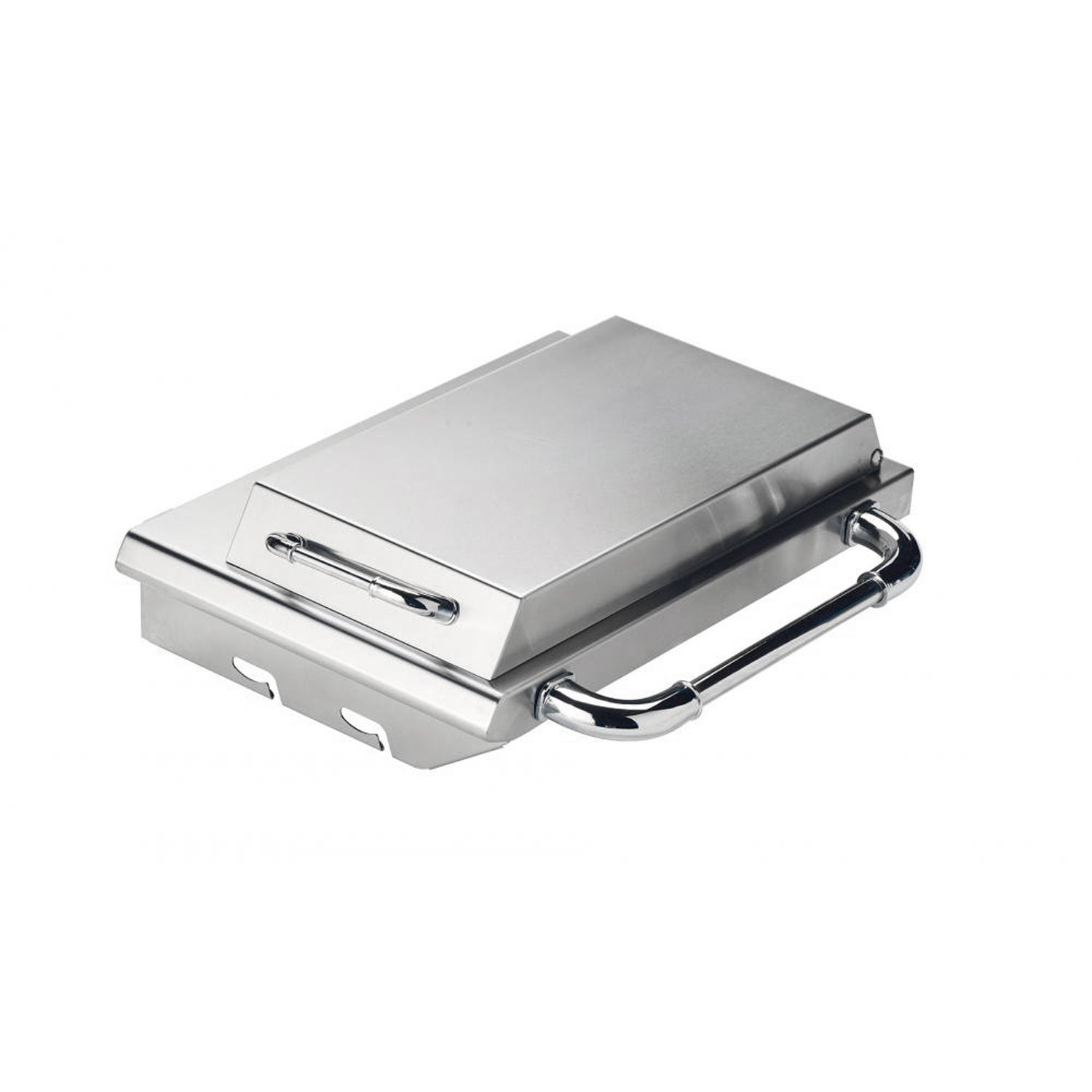Stainless steel propane side burner with closed lid and front control knob