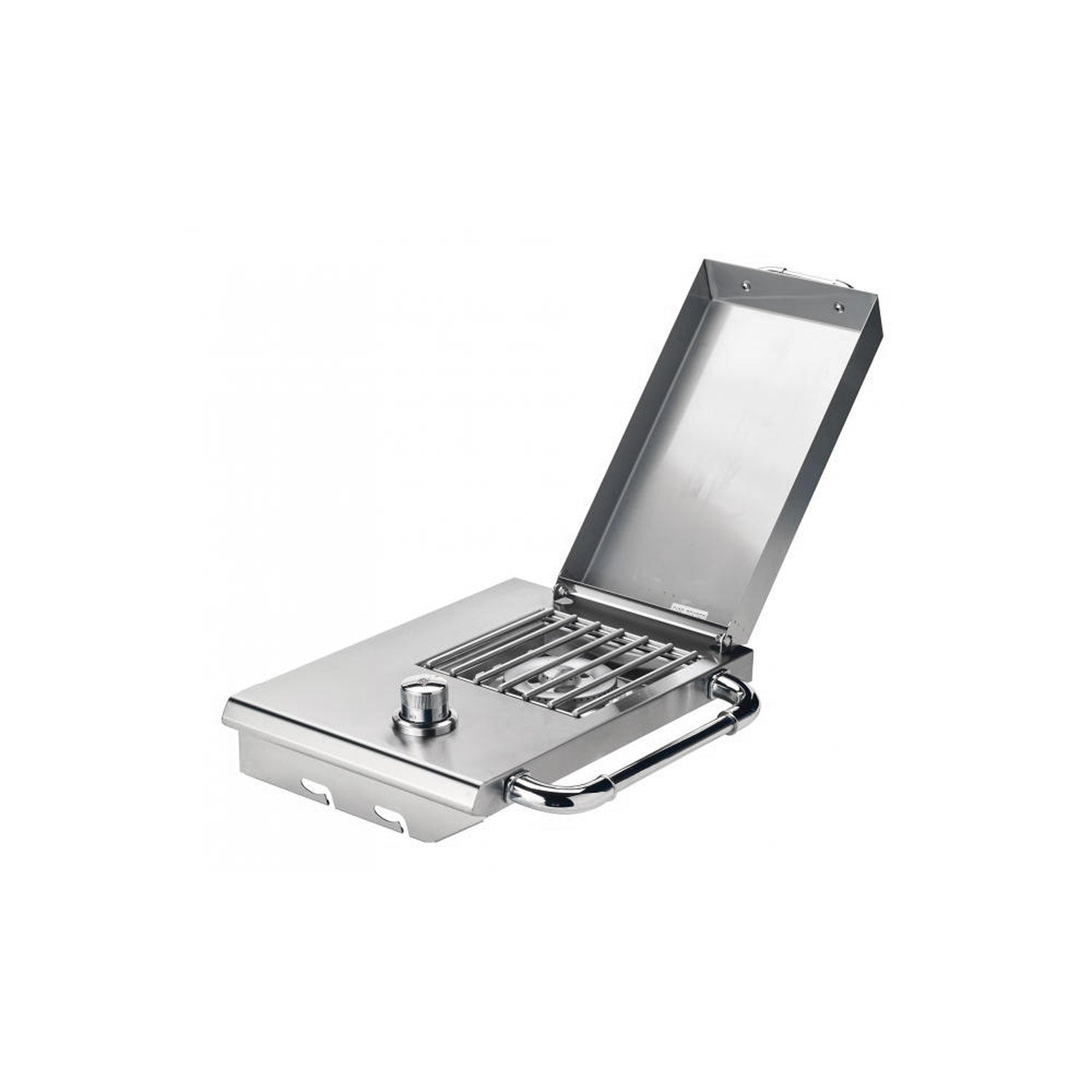 Stainless steel propane side burner with open lid and cooking grate
