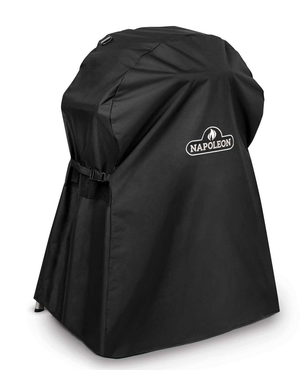 Napoleon grill cover on stand, black with Napoleon badge, side strap and buckle