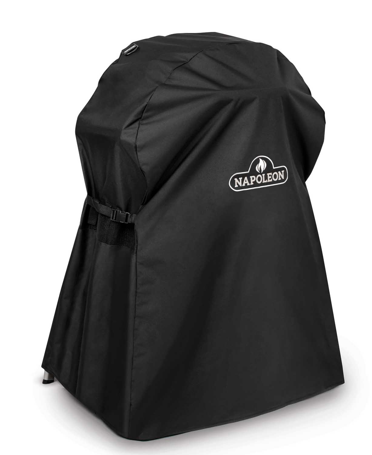 Napoleon grill cover on stand, black with Napoleon badge, side strap and buckle