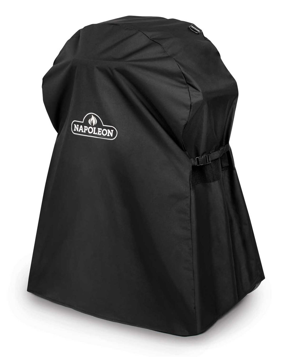 Napoleon grill cover on stand, black fabric with Napoleon logo, side strap buckle