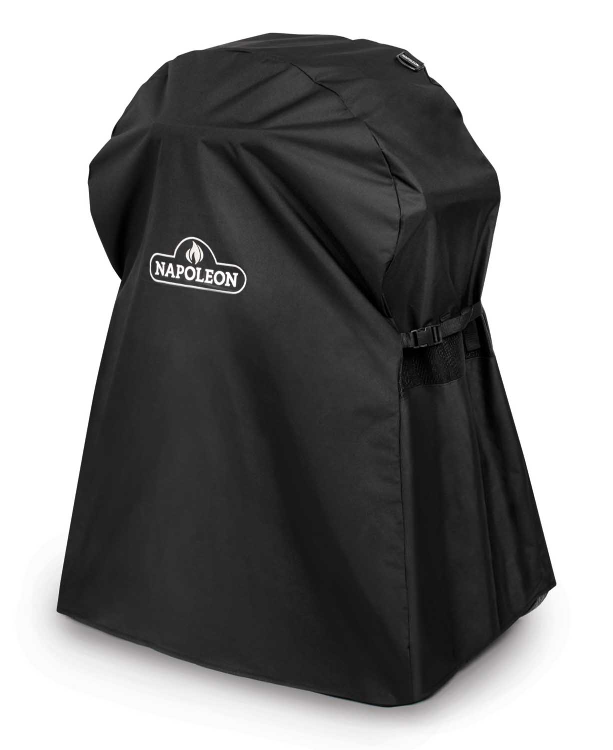 Napoleon grill cover on stand, black fabric with Napoleon logo, side strap buckle
