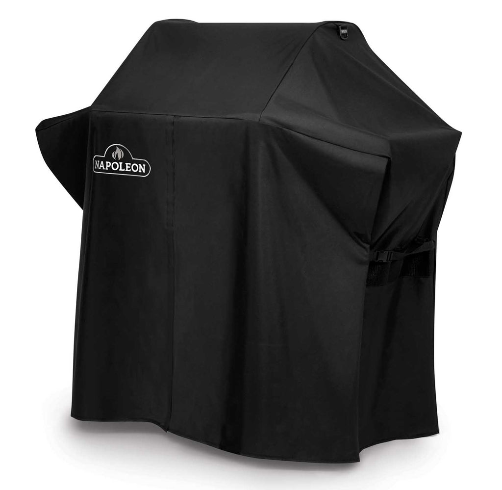 Black Napoleon grill cover with front logo and angled top, side flap