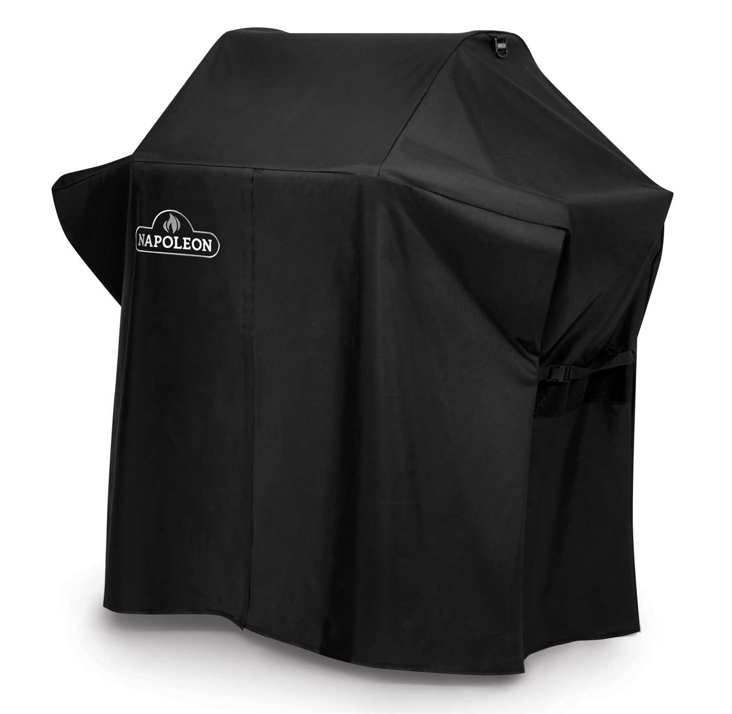 Black Napoleon grill cover with front logo and angled top, side flap