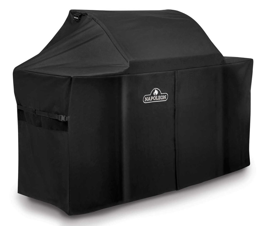 Black grill cover with side panel, Napoleon logo patch, and buckled strap