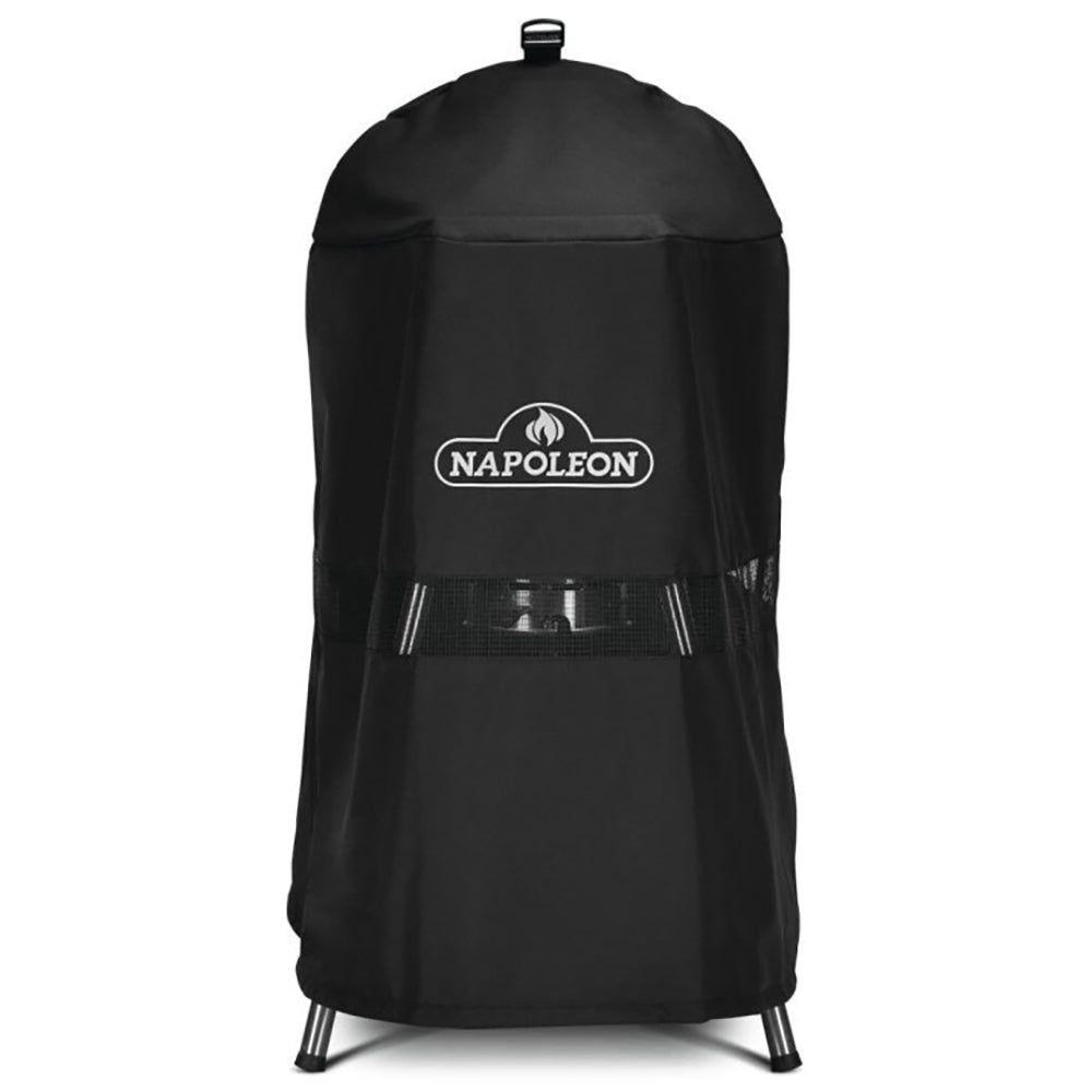Grill cover with Napoleon logo, dark fabric, rounded top and front opening panel