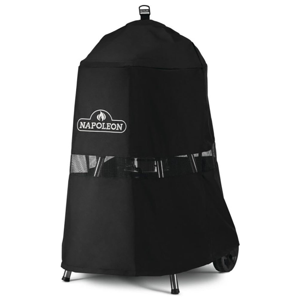 Grill cover with Napoleon logo, dark fabric, side view with bottom vent panel