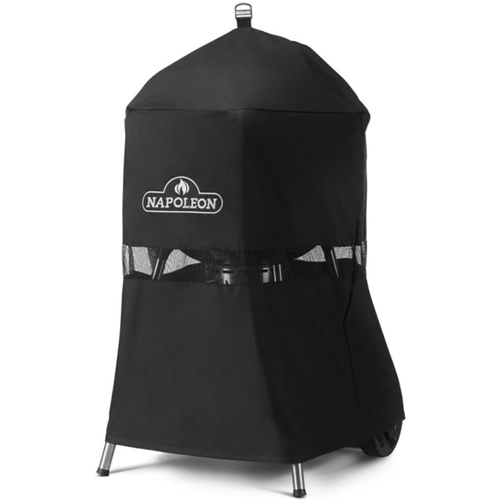 Napoleon charcoal grill cover, side view with logo and bottom straps