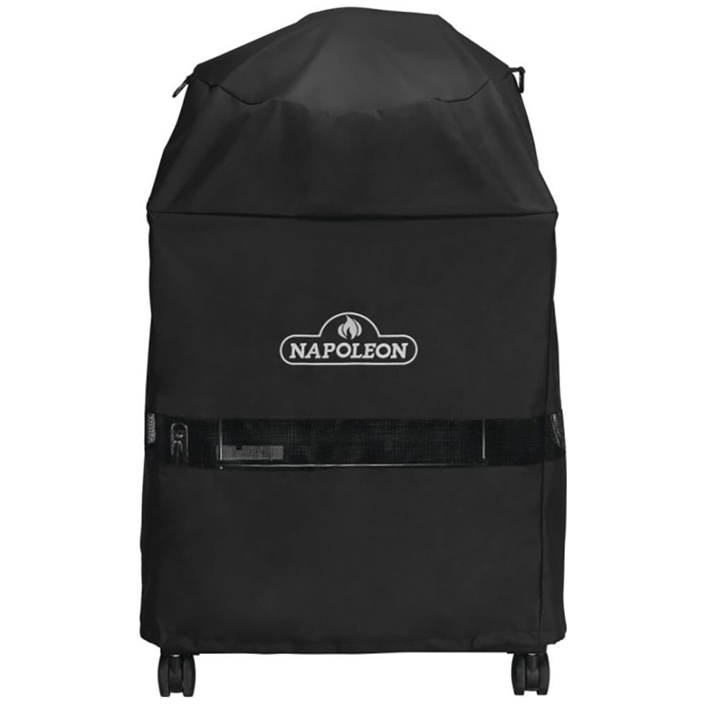 Black grill cover with Napoleon logo, drawstring top for kettle grill